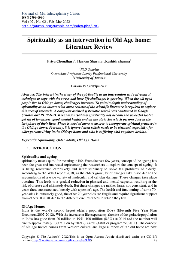 (PDF) Spirituality as an intervention in Old Age home: Literature Review