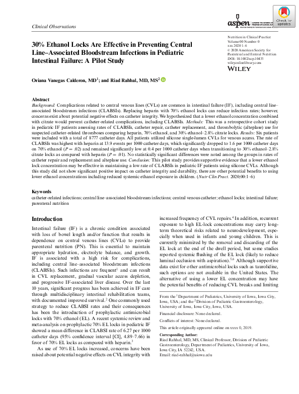 (PDF) 30% Ethanol Locks Are Effective in Preventing Central Line ...