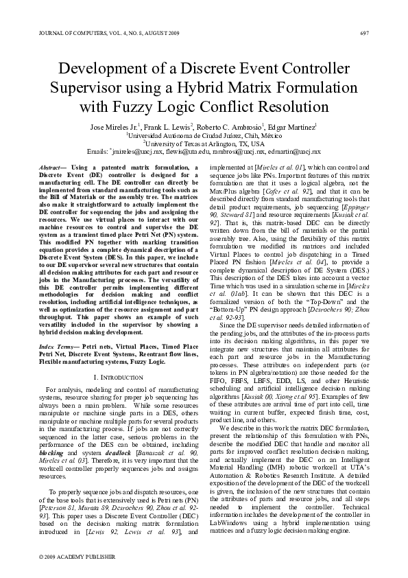 (PDF) Development of a Discrete Event Controller Supervisor using a