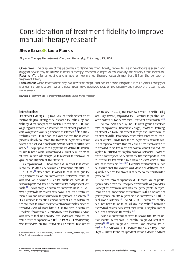 (PDF) Consideration of treatment fidelity to improve manual therapy