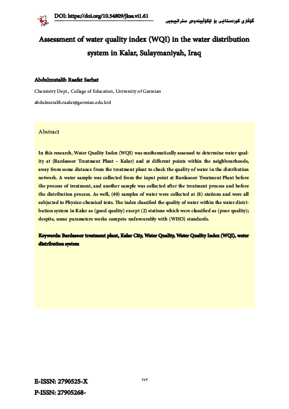 (PDF) Assessment of water quality index (WQI) in the water distribution ...