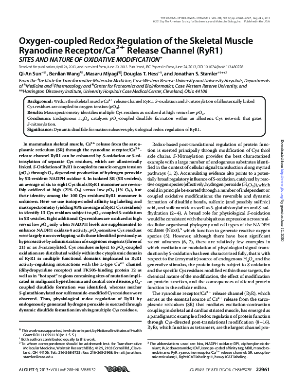 (PDF) Oxygen-coupled Redox Regulation of the Skeletal Muscle Ryanodine ...