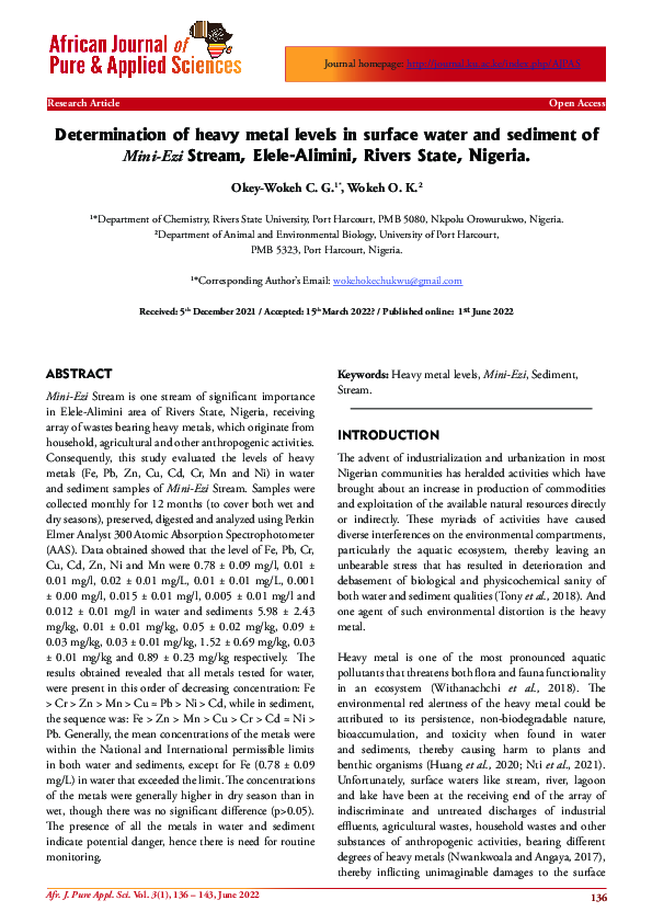 (PDF) Determination of heavy metal levels in surface water and sediment ...