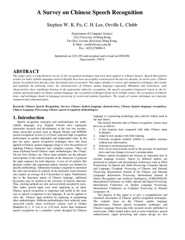 (PDF) A Survey on Chinese Speech Recognition