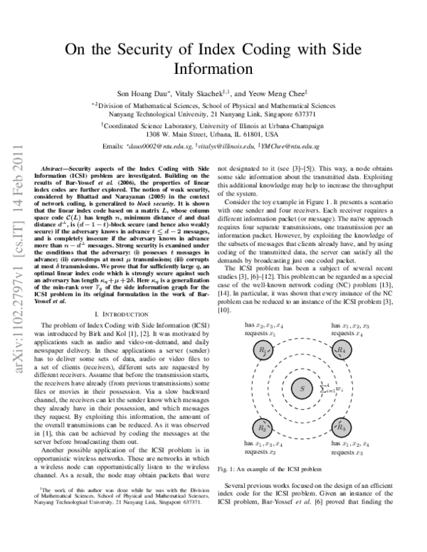 (PDF) On the Security of Index Coding With Side Information