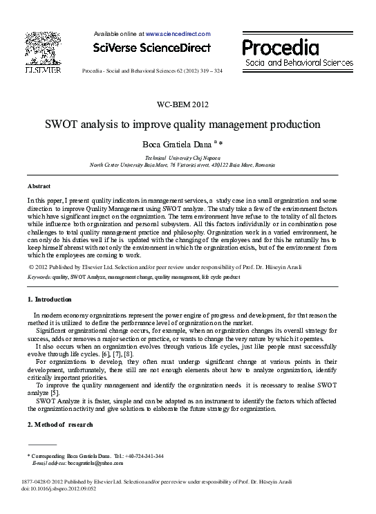 (PDF) SWOT Analysis to Improve Quality Management Production