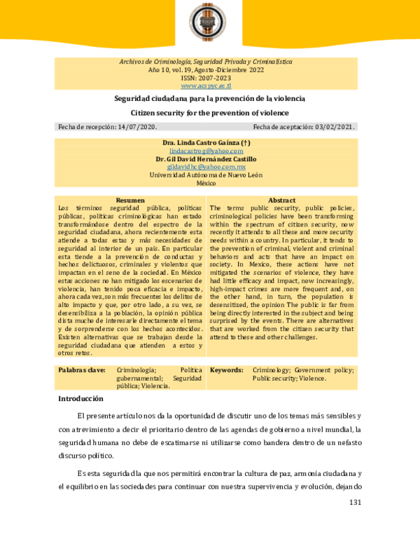 (PDF) Seguridad ciudadana para la prevención de la violencia