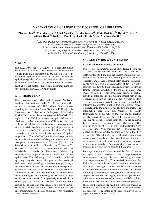 (PDF) Validation Of Calipso Lidar (CALIOP) Calibration Zhaoyan Liu