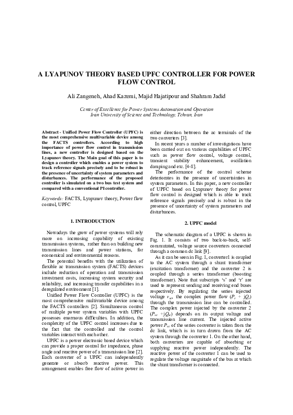 (PDF) A Lyapunov theory based UPFC controller for power flow control