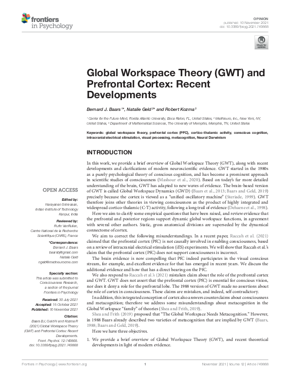 (PDF) Global Workspace Theory (GWT) and Prefrontal Cortex Recent