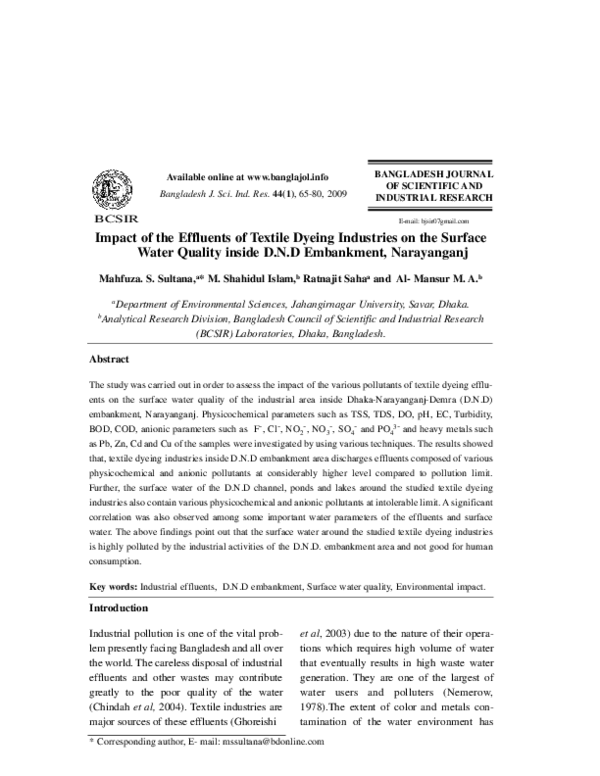 (PDF) Impact of the Effluents of Textile Dyeing Industries on the ...