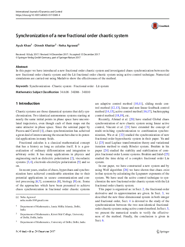 (PDF) Synchronization of a new fractional order chaotic system