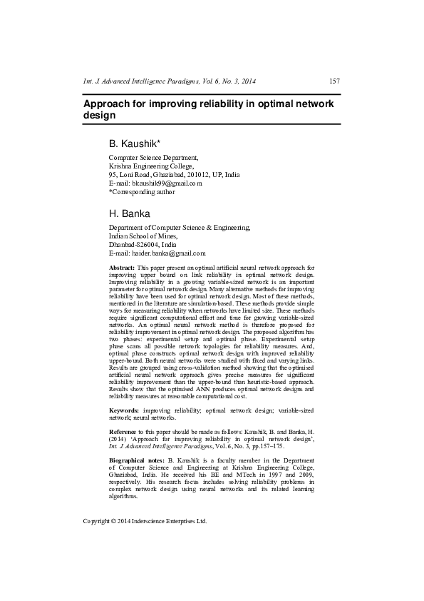 (PDF) Approach for improving reliability in optimal network design