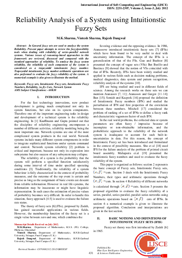 (PDF) Reliability Analysis of A System Using Intuitionstic Fuzzy Sets