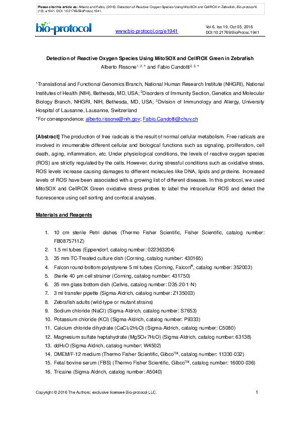 (PDF) Detection of Reactive Oxygen Species Using MitoSOX and CellROX in ...