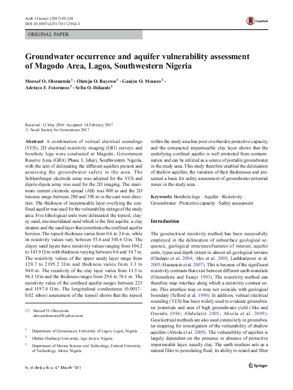 (PDF) Groundwater occurrence and aquifer vulnerability assessment of ...
