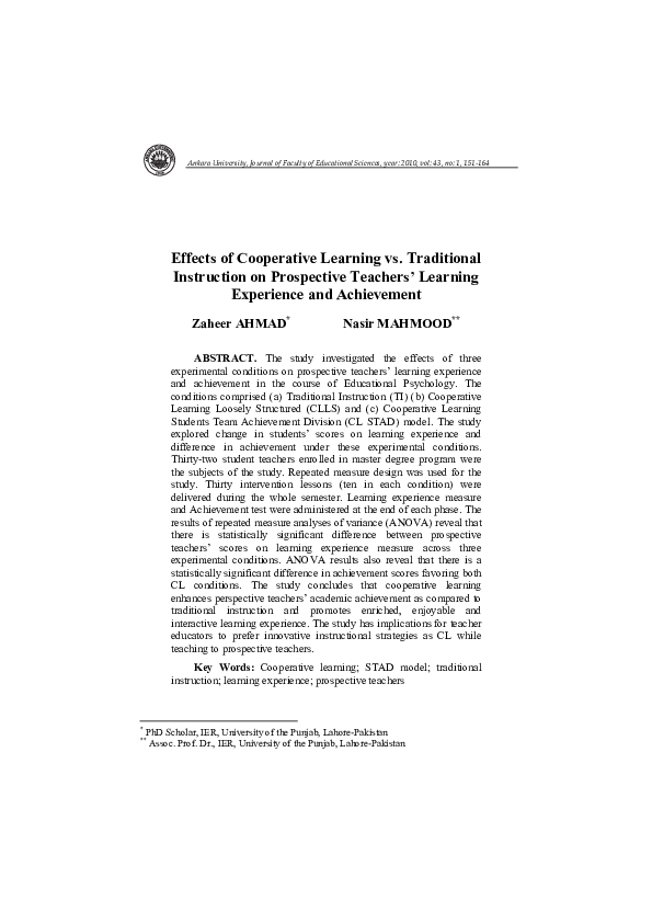 (PDF) Effects of Cooperative Learning vs. Traditional Instruction on ...