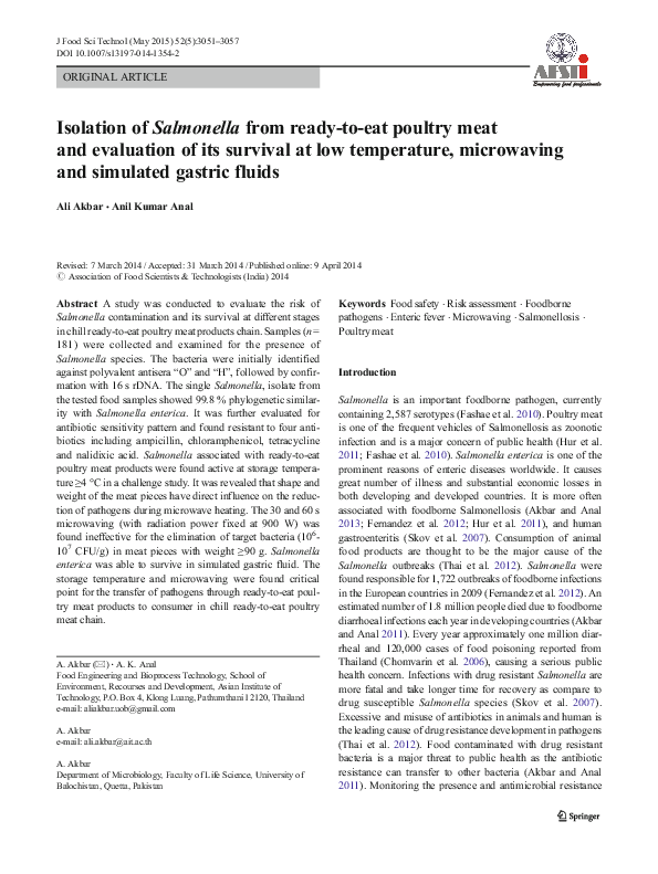 (PDF) Isolation of Salmonella from ready-to-eat poultry meat and ...