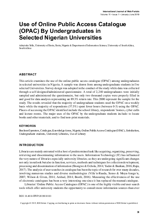 (PDF) Use of Online Public Access Catalogue (OPAC) By Undergraduates in ...