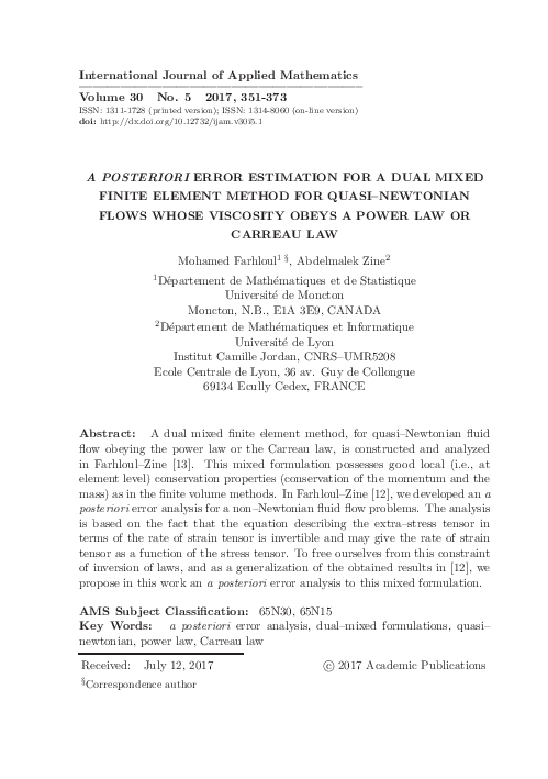 (PDF) {\em A POSTERIORI} ERROR ESTIMATION FOR A DUAL MIXED FINITE ...