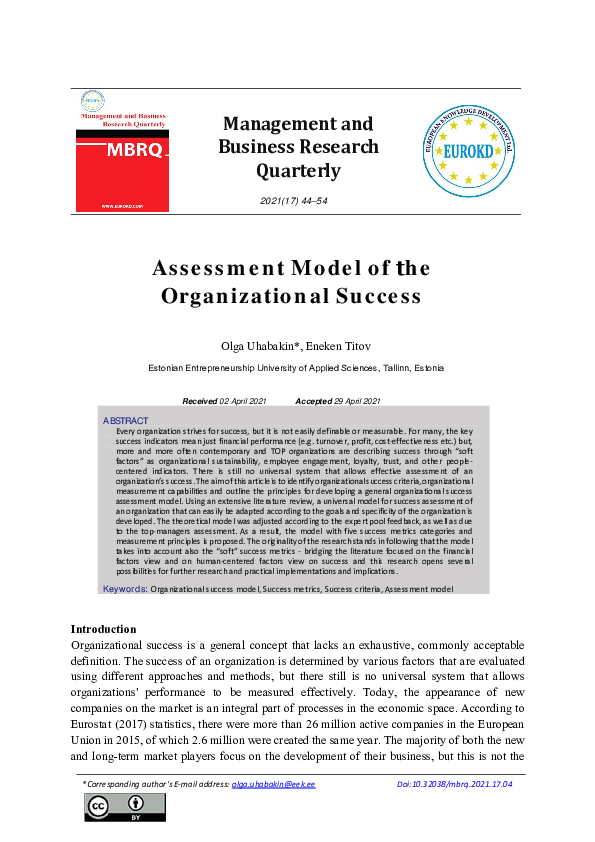 (PDF) Assessment Model of the Organizational Success