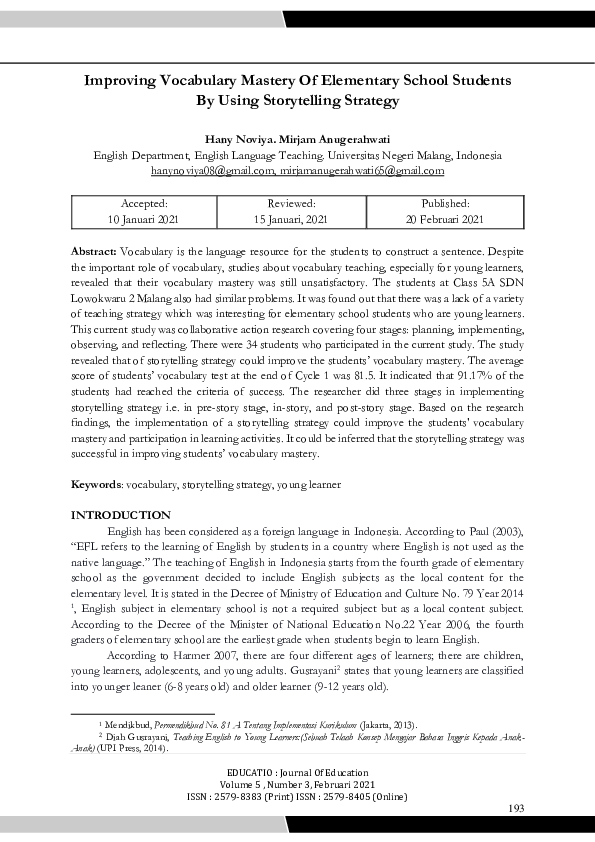 (PDF) Improving Vocabulary Mastery of Elementary School Students by ...