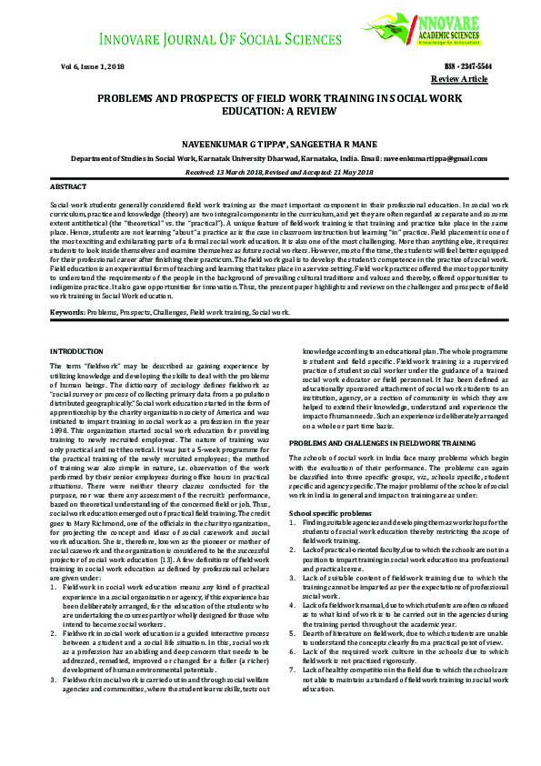 (PDF) Problems and Prospects of Field Work Training in Social Work
