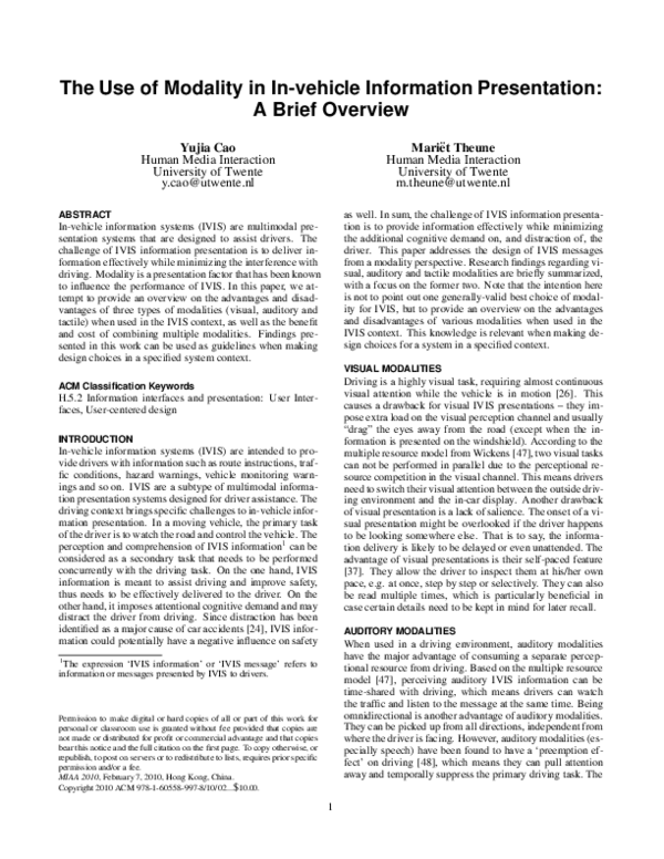 (PDF) The use of modality in in-vehicle information presentation