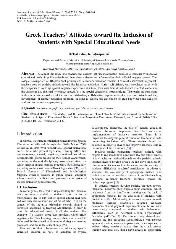 (PDF) Greek Teachers’ Attitudes toward the Inclusion of Students with ...