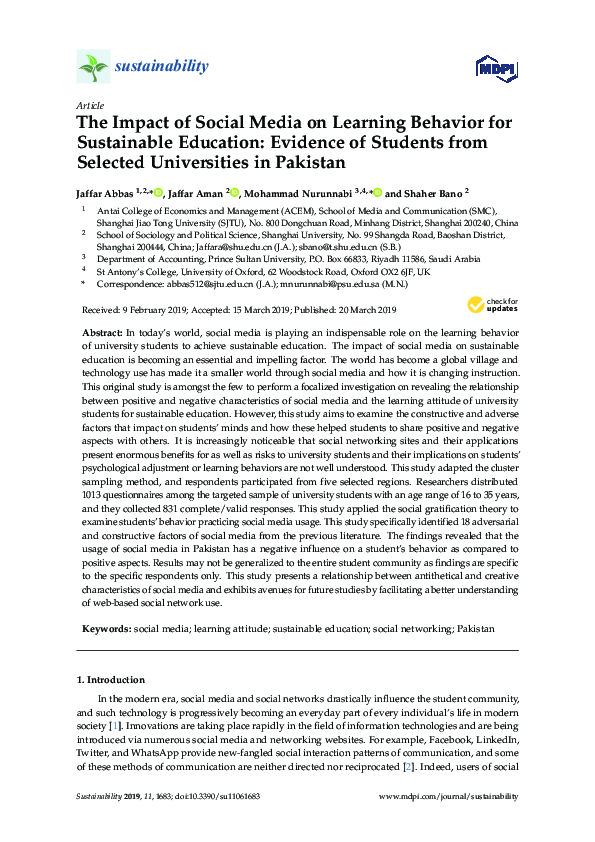 (PDF) The Impact of Social Media on Learning Behavior for Sustainable ...