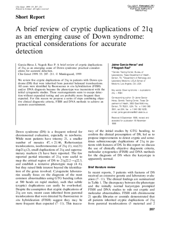 (PDF) A brief review of cryptic duplications of 21q as an emerging ...