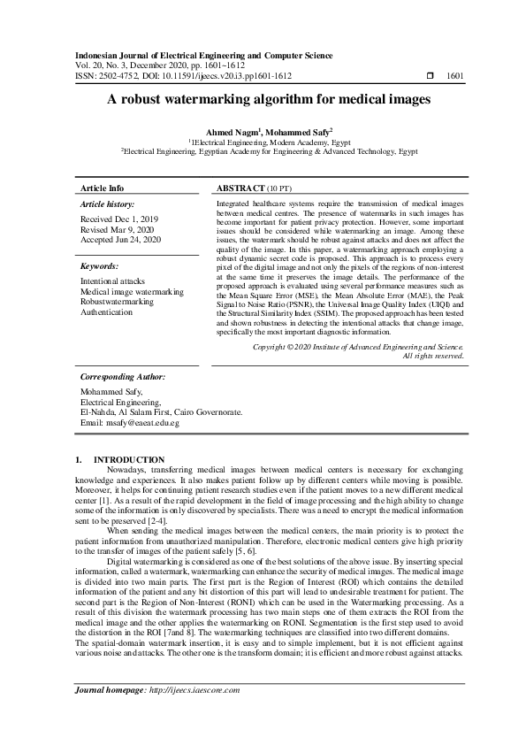 (PDF) A robust watermarking algorithm for medical images