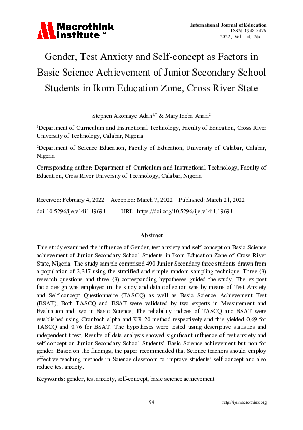 (PDF) Gender, Test Anxiety and Self-concept as Factors in Basic Science ...