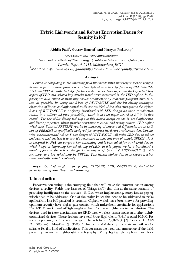 (PDF) Hybrid Lightweight and Robust Encryption Design for Security in IoT
