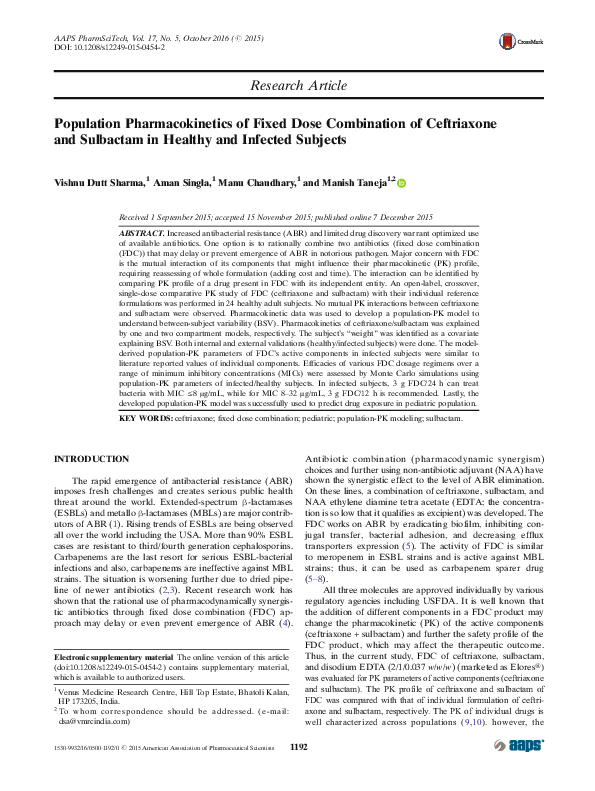 (PDF) Population Pharmacokinetics of Fixed Dose Combination of ...