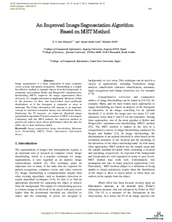 (PDF) An Improved Image Segmentation Algorithm Based on MET Method