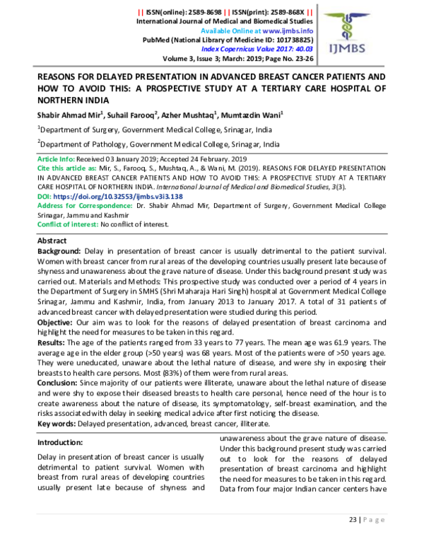 (PDF) Reasons for Delayed Presentation in Advanced Breast Cancer ...