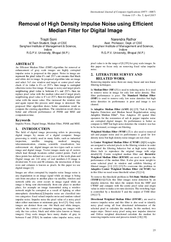 (PDF) Removal of High Density Impulse Noise using Efficient Median ...