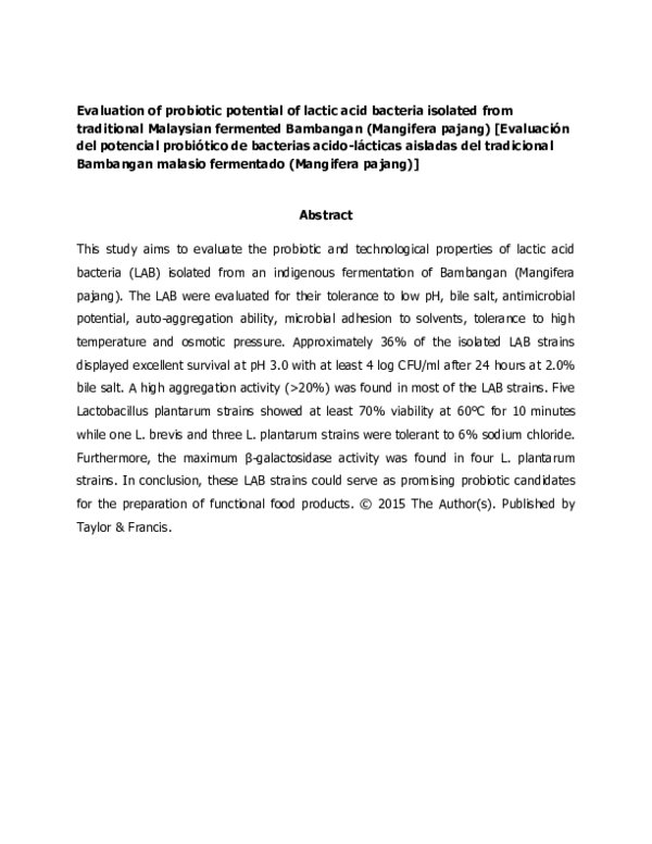 (PDF) Evaluation of probiotic potential of lactic acid bacteria ...