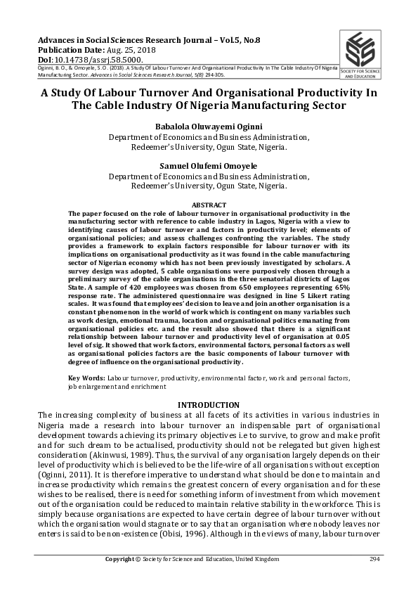 (PDF) A Study Of Labour Turnover And Organisational Productivity In The ...