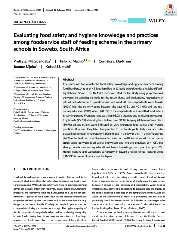 (PDF) Evaluating food safety and hygiene knowledge and practices among ...