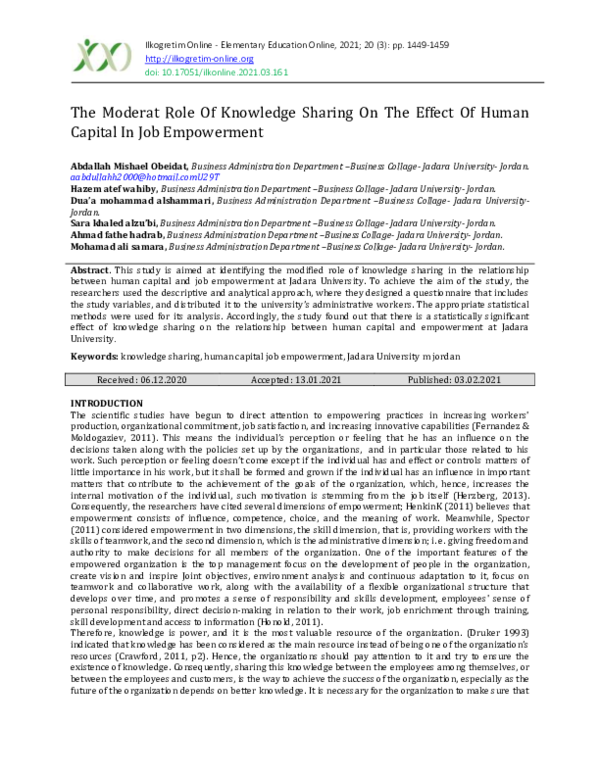 (PDF) The Moderat Role Of Knowledge Sharing On The Effect Of Human ...