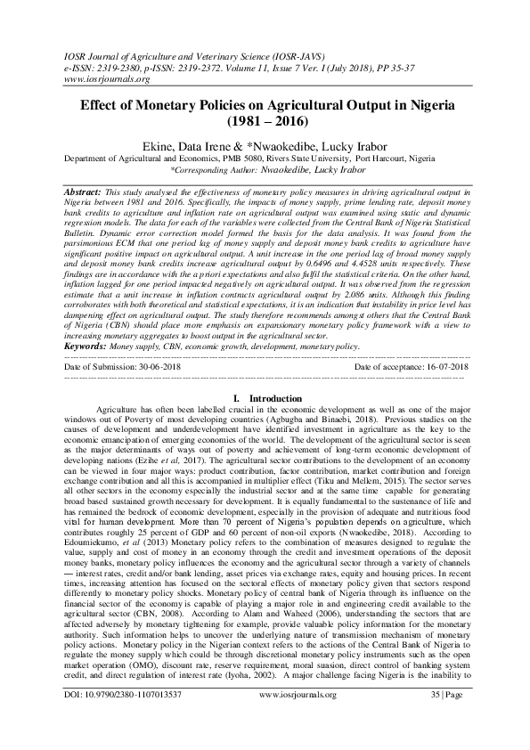 (PDF) Effect of Monetary Policies on Agricultural Output in Nigeria