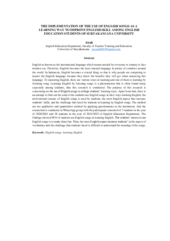 (PDF) THE IMPLEMENTATION OF THE USE OF ENGLISH SONGS AS A LEARNING WAY ...