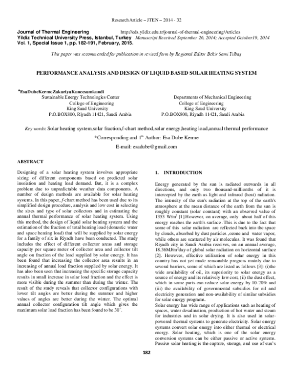 (PDF) Performance Analysis and Design of Liquid Based Solar Heating System