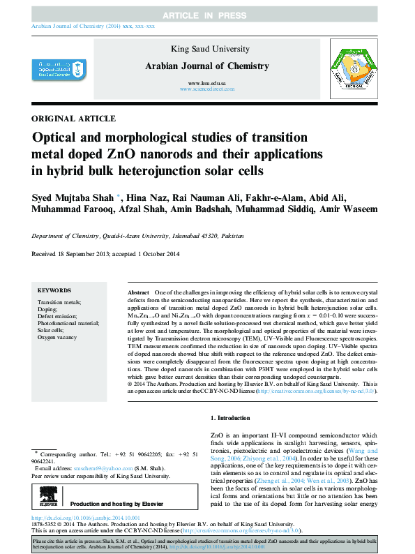 (PDF) Optical and morphological studies of transition metal doped ZnO ...