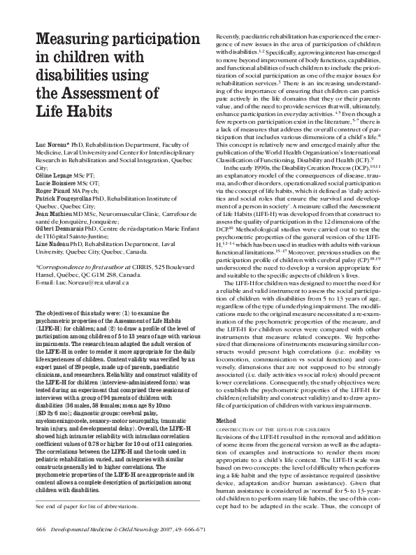 (PDF) Measuring participation in children with disabilities using the