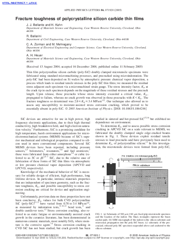 (PDF) Fracture toughness of polycrystalline silicon carbide thin films