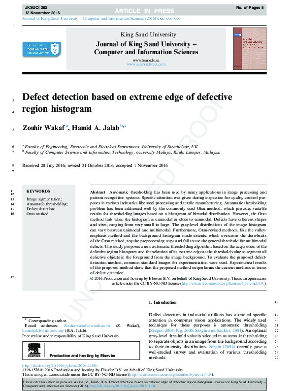 (PDF) Defect detection based on extreme edge of defective region histogram
