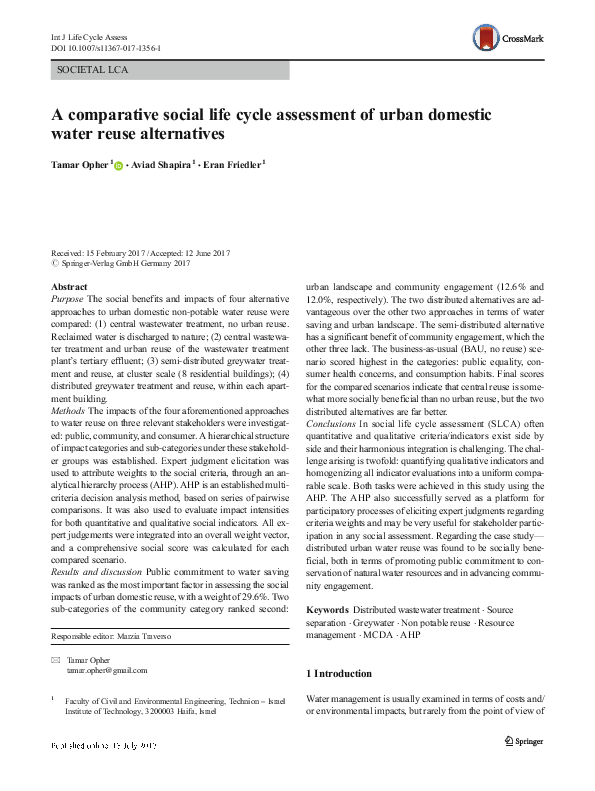 (PDF) A comparative social life cycle assessment of urban domestic ...